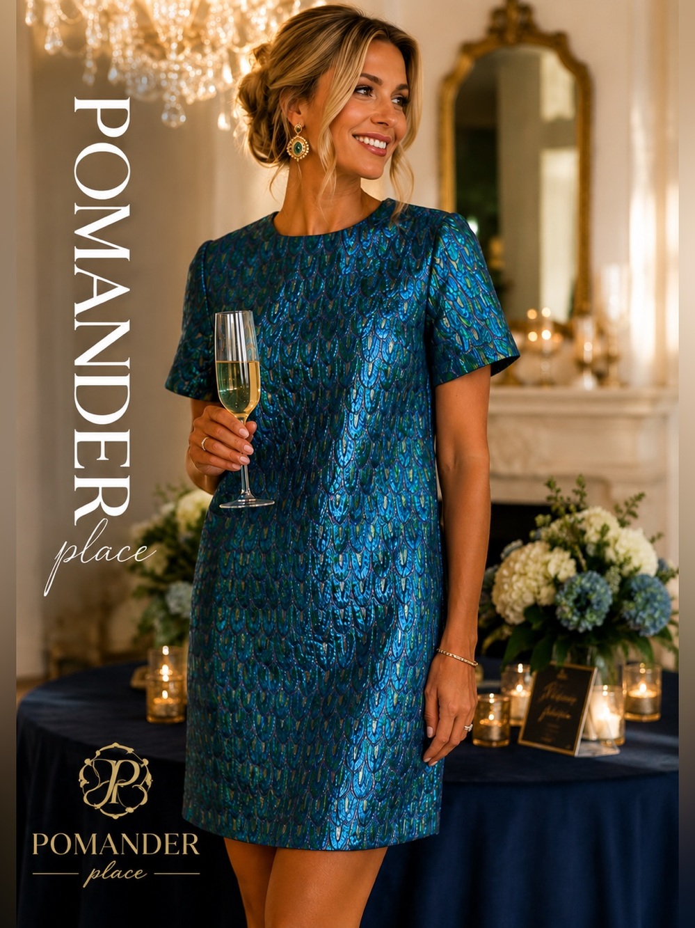 NWT Pomander Place by Tuckernuck Metallic Jacquard Peacock Shift Dress Size XS